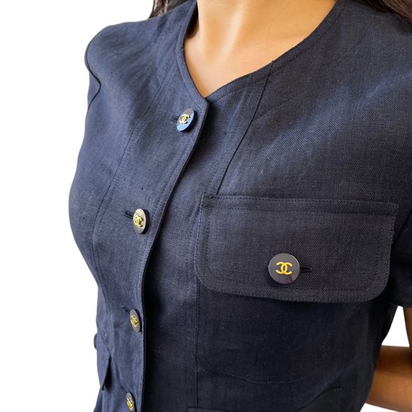 CHANEL Vintage CC Mark Button Linen Jacket Skirt Set #40 Dark Blue [102994] - Picture 2 of 12